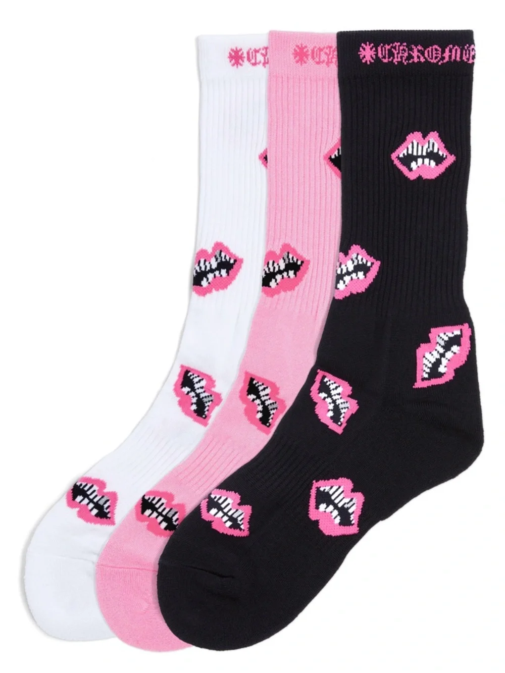 Chrome Hearts Pink Lip Chomper Socks 3-Pack Size Large Black White Pink